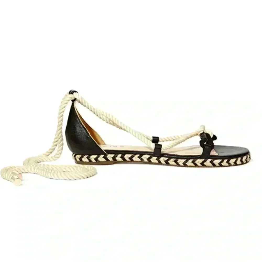 Reiss Black Leather Rope Lace-Up Flat Sandals with Cream Rope